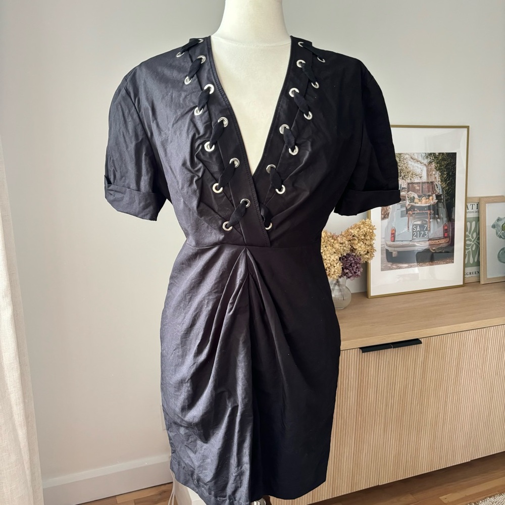 SANDRO Paris Clara Black Lace-Up Surplice Neckline Short Sleeve Mini Dress EU 40